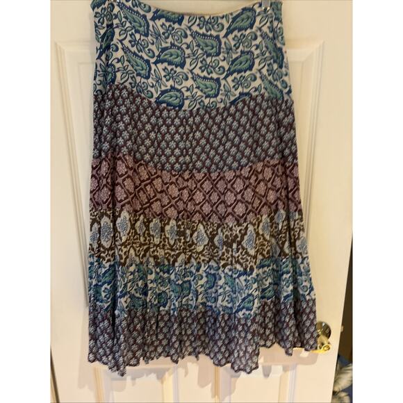 Calypso St Barth Tiered mixed print lined Cotton maxi full Skirt blue brown sz S - Picture 8 of 13